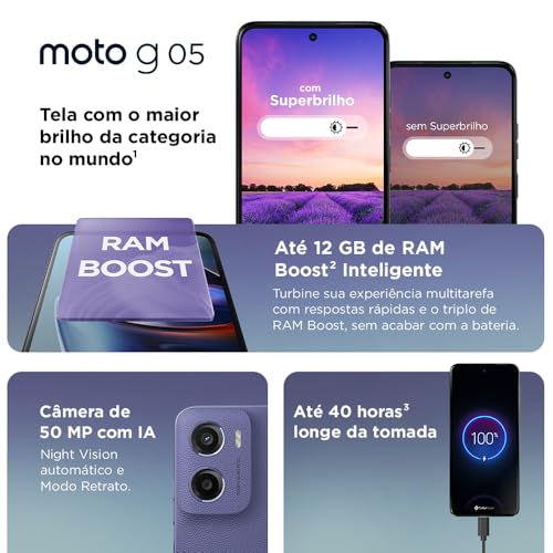 Imagem frontal do smartphone com fundo branco e elementos gráficos em azul e roxo.