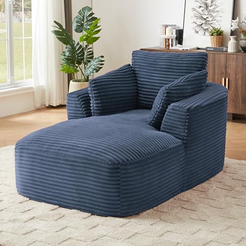 Image of 65 inch Soft Corduroy Chaise Lounge Chair Indoor, Lounge Chaise with Spring Cushion, Sleeper Sofa with No Assembly for Living Room and Apartment, Blue