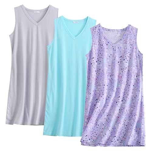 Image of PNAEONG 3 Pack Womens Cotton Nightgown V Neck Nightshirts Sleeveless Sleepwear Casual Print Sleepdress