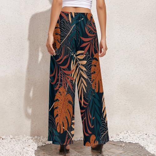 Womens Pants Elastic High Waist Watercolor Tropical Leaf Palazzo Pants Casual Wide Leg Lounge Pants for Women4