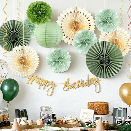 Image of SUNBEAUTY Sage Green Birthday Decorations for Women Green Tissue Pom Poms Paper Lanterns Party Decorations Happy Birthday Banner Sage Green Paper Fans for Spring Garden Party Wedding Bridal Shower