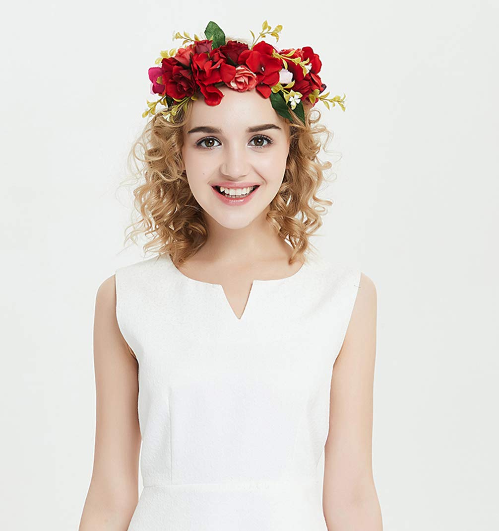 Blumengirlande Stirnband Rose Blumenkrone Haarkranz Floral Halo Kopfschmuck Boho mit Band Hochzeit Party Fotos Rot