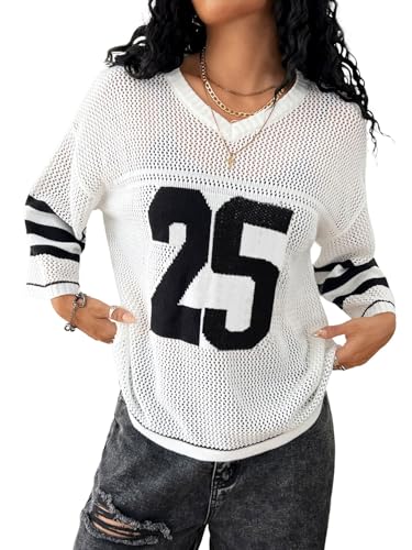 Image of Verdusa Women's Jersey Shirts Hollow Out Pullover Sweaters Number Print Short Sleeve Knit Tops