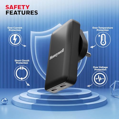 Image of Honeywell Zest Ultra-Thin GaN 65W Dual Type-C PD 3.0 Wall Charger with PPS Support, Ultra-Fast Charging, Compatible with iPhone, iPad Pro, Pixel, Galaxy, OnePlus, Tablets & Smartwatches | PPS Support, Ultra-Fast Charging, Compatible with iPhone, iPad Pro, Pixel, Galaxy, OnePlus, Tablets & Smartwatches