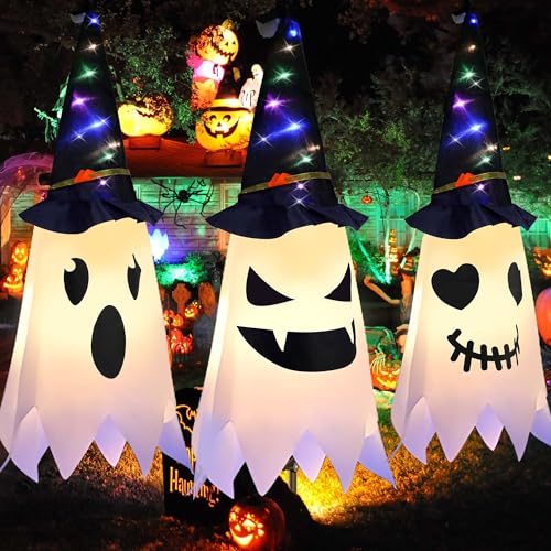 Halloween Decorations: 3 Pcs Light Up Hanging Ghosts, Cute Lighted Glowing Ghost Witch Hat Ornaments for Outdoor Indoor Party Decor, Home, Tree, Garden, Yard