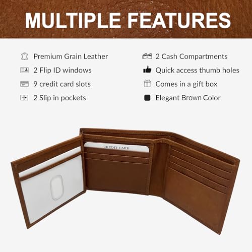 Men's 100% Genuine Leather Bifold Wallet with ID Window and Multiple Credit Card Slots - Stylish & Functional Wallet for Men, Handcrafted Slim Wallet in Classic Leather - Brown3