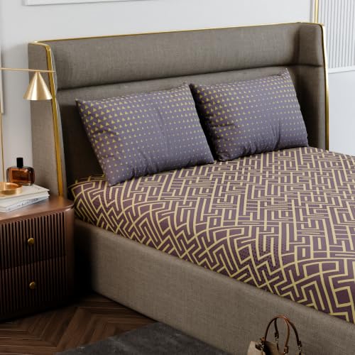 Image of Stoa Paris 100% Cotton King Size Fitted Bedsheet with 2 Pillow Covers, 180TC Printed Bedding Set, All-Season Comfort, Soft & Lightweight, Home Decor, Urbanscape - Marigold Maze (182cmx198cm+30cm)