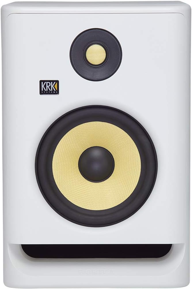 ഫ്രണ്ട് ആംഗിൾഡ് view of the KRK RP7 Rokit 7 G4 studio monitor in white