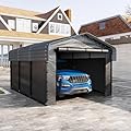 10x15FT Metal Carport Kits with Galvanized Steel Roof, Heavy Duty Metal Frame Carports Canopy with Removable Sidewalls, Garage Car Tent Shelter for Tractors, Boat, Car, Gray