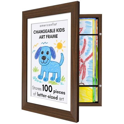 Image of Americanflat Kids Artwork Frame Changeable (Walnut) - Magnetic Door Holds 100 Art Pieces - 8.5x11 Letter Size Display with Mat or 10x12.5 Without Mat - My Mini Masterpiece