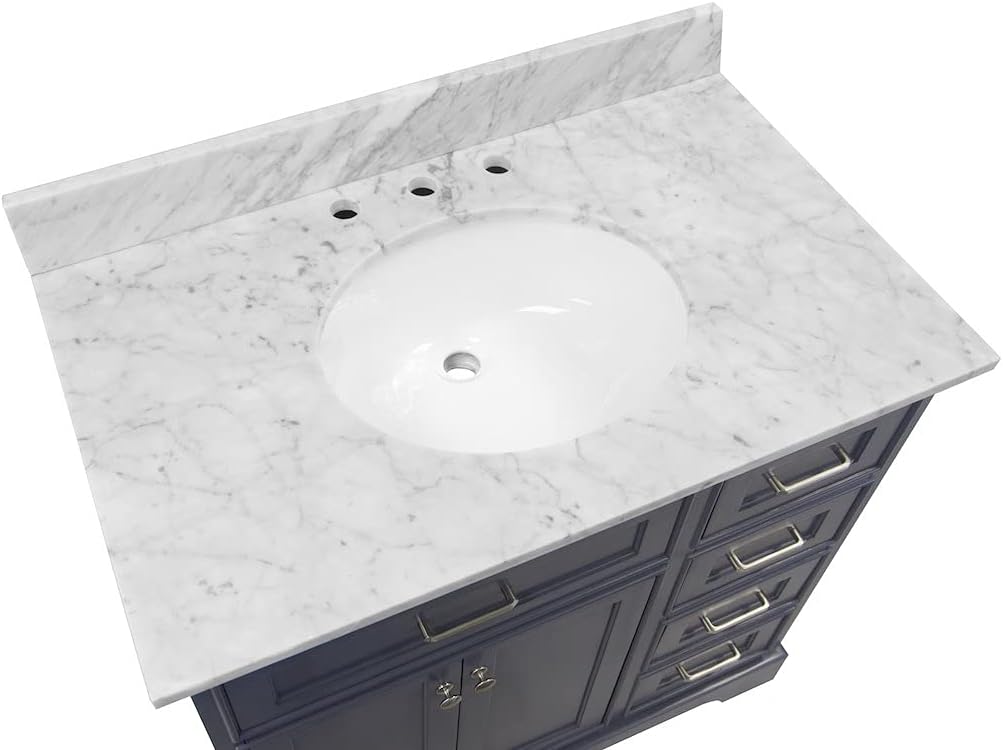 Aria 36-inch Bathroom Vanity (Marine Gray/Carrara): Includes Marine Gray Cabinet with Authentic Italian Carrara Marble Countertop and White Ceramic Sink