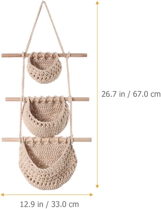 UPKOCH Home Decor Hanging Fruit Basket, 3 Tier Over the Door Organizer, Handmade Woven Cotton Rope Wall Hanging Baskets for Organizing, Wall Decor, Storage s for Kitchen Fruit