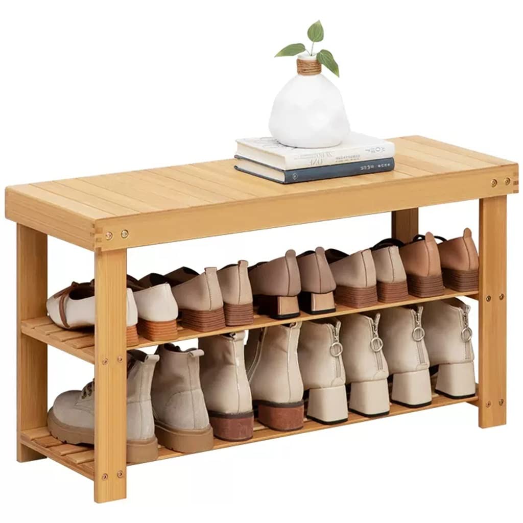 MYUYEE Bamboo Shoe Rack For Entryway, 3-Tier Shoe Rack Bench For Front Indoor Entrance, Free Standing Shoe Racks Shoe Cabinet Bench, Small Shoe Orga With Storage(/Natural-31Inch)