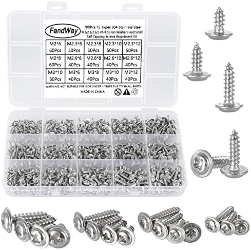 700Pcs Self Tapping Screws 304 Stainless Steel,M2 M2.3 M2.6 M3 Small Wood Screws Kit,Pan Head Self Drilling Screw,Washer Head Sheet Metal Screw Phillips Drive for DIY Woodwork Repairs.