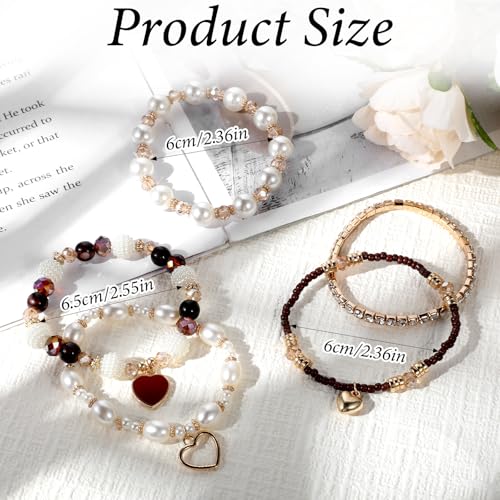 5PCS Bohemian Stackable Beaded Bracelet Set, Brown Handmade Bracelet Heart Faux Pearl Charm Bracelets Stretch Jewelry for Women Friendship Holiday Beach Gifts3