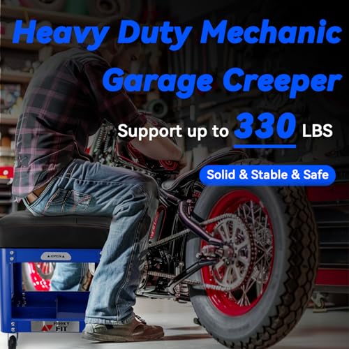 Image of Rolling Creeper Garage Shop Seat for Men, Padded Mechanics Stool with Tool Tray Storage for Garage, Rolling Workshop Stool with Wheels, Auto Creeper Seat, 330 LBS Capacity, Heavy Duty, Blue