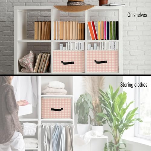 Image of Pink Checkered Christian Storage Bins, Coquette Pink Bow Bible Verse Preppy Collapsible Fabric Storage Basket Organizer for Clothes Toys Books Girls Bedroom Dorm