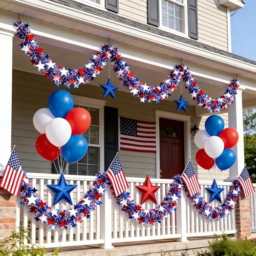 Image of 50Ft 4th of July Tinsel Garland Decorations, Glitter Red White Blue Star Metallic Patriotic Garland for Independence Day Memorial Day Car House Decor, Indoor Outdoor Party Supplies (50ft)