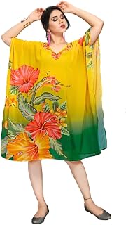 Ethnic Designer Printed Kaftan Dresses for Women – Georgette Beach wear Coverup/Bikini Cover-up-Yellow colour, Stylish, Mo... Price In India