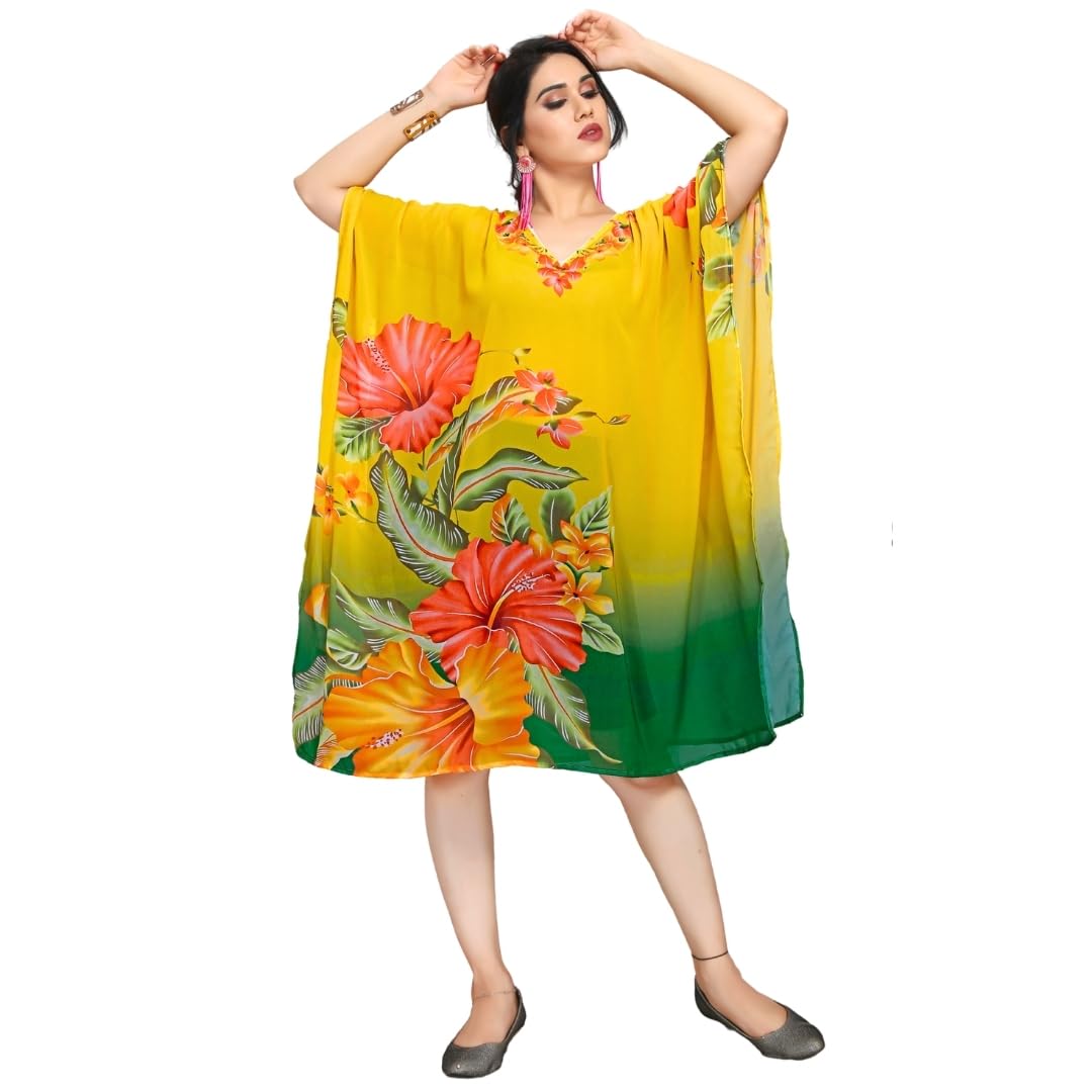Ethnic Designer Printed Kaftan Dresses for Women – Georgette Beach wear Coverup/Bikini Cover-up-Yellow colour, Stylish, Mo... - Review, Price and Buying Guide
