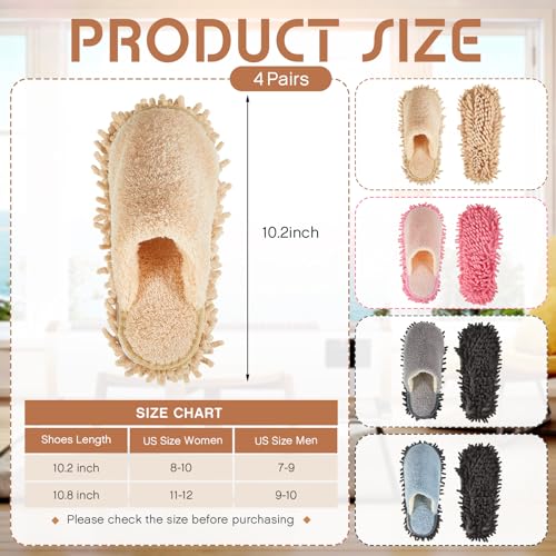 Gerrii 4 Pair Microfiber Cleaning Mop Slippers - Detachable Washable House Mop Slippers for Men and Women, Ideal for Kitchen Floor Dust Cleaning, Includes Blue, Gray, Pink, Beige(Large)2