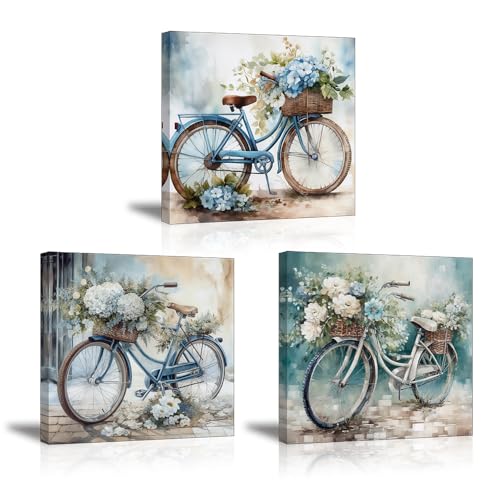 Piy Painting Cuadros Modernos de Bicicleta, Romántico en Lienzo, Azul Impresión de Lienzos Murales Decoracion Con Marco Interno Para Pasillo Comedor 3X 30x30cm
