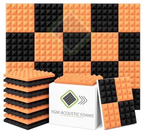 Image of YGM Acoustic Foams Pyramid Acoustic Panels 1 Footx1 Footx2inch Thick, 50 Density Acoustical Sound Proof Foam for Room, Studio, Echo Reduction & Noise Absorption (Black & Orange, Set of 18)