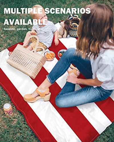Oversized 95”X80” Outdoor Beach Blanket Picnic Blankets, White And Red Stripes Sandproof Waterproof Foldable Beach Blankets For Camping, Grass, Beach With Family/Friends/Kids Simple Decor #TOP5