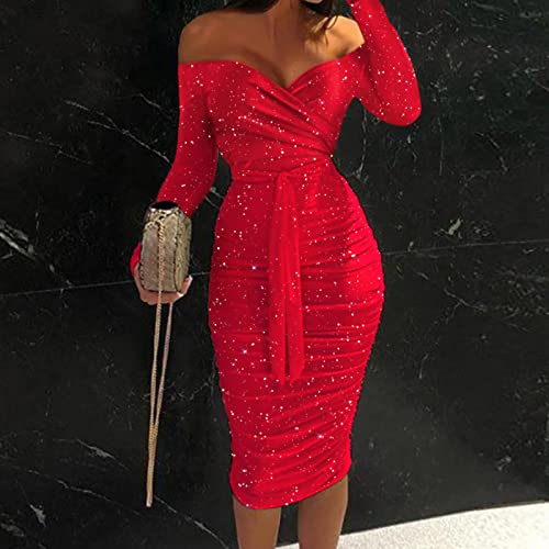 Saia feminina, vestido midi colado ao corpo, manga comprida, ombro de fora, para uso diário, Medium,