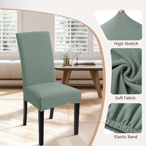 Image of SearchI Dining Room Chair Covers Set of 2, Stretch Jacquard Parsons Chair Slipcovers Removable Washable Kitchen Chair Protector Cover for Dining Room, Hotel, Ceremony (Sage Green Rhombus)