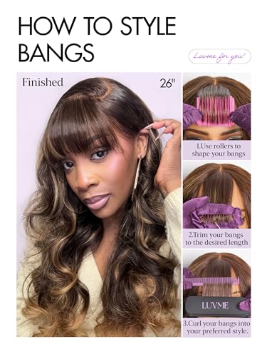 Image of LUVME HAIR 7x6 HD Lace All-Day Comfort Wig with Bangs 200% Density Hair Lace Wigs Ombre Blonde Highlight Loose Body Wave Lace Front Wigs Human Hair Pre Cut Plucked Glueless 18 Inches