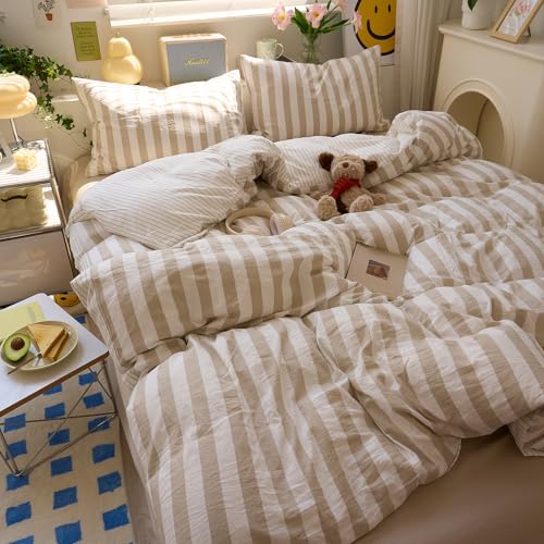 Image of LifeTB Vintage Striped Comforter Set King, 3 Piece Brown White Stripes Pattern Printed Comforter with 2 Pillowcases, Soft Breathable Khaki Striped Bedding Comforter Boho Farmhouse King Comforter Set
