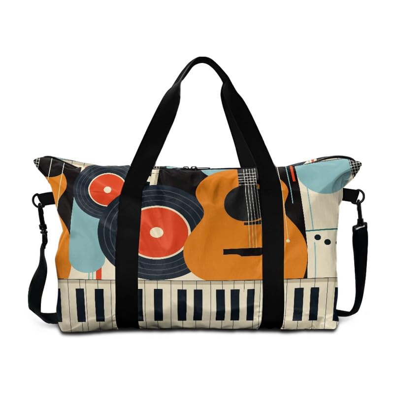 Piano Music Large Duffle Bag for Travel, Guitar Vinyl Pattern Lightweight Carry On Personal Item Bag, Fits Underseat Airline Size