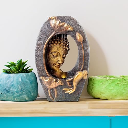 Image of Polyresin Buddha Fountain for Home Decor with LED Lights | 33x17x49.5 cm | Fountain for Living Room /Hall /Office /Garden D?cor Gifting | Bronze Color