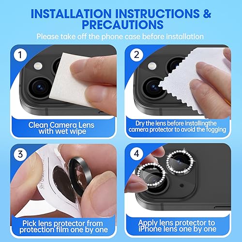 Image of Glass Camera Lens Protector Compatible For Iphone 15 /15 Plus Bling,Individual Metal Diamond Ring 9H Hardness Scratchproof Protector,Stylish Accessories,Case Friendly(Black Diamond)