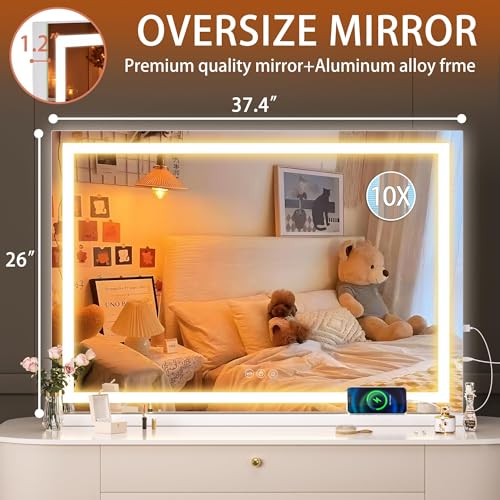 Hasipu Vanity Mirror with Lights, 37" x 26" LED Makeup Mirror, Lighted Makeup Mirror with Dimmable 3 Modes, Touch Screen Control Vanity Mirror Square White