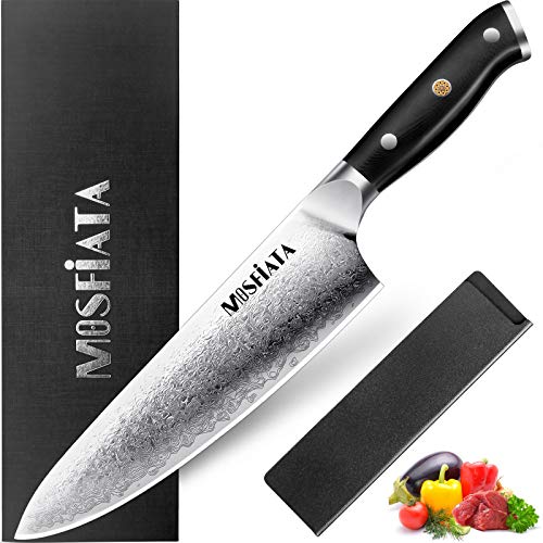 MOSFiATA Damascus Chef Knife 8 Ultra-Sharp Japanese VG-10 Damascus Stainless Steel Kitchen Knife 67-Layer Handmade Kitchen Meat Fruit Cutting Gyuto Chef Knife with Finger Guard, Whetstone and Guard