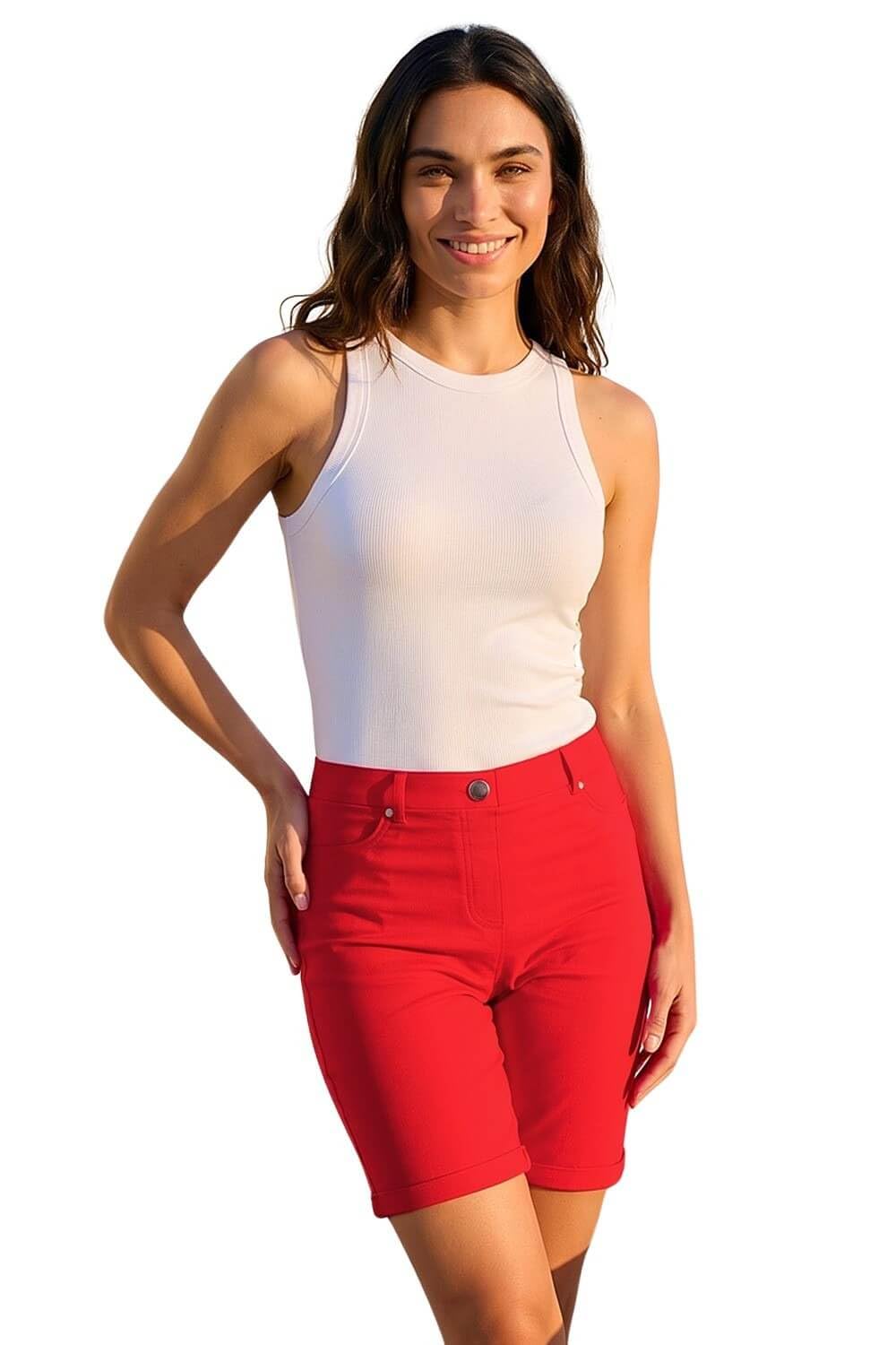 Roman Originals Women's Red Roman Stretch Shorts For Uk Pull On Turned Hem Cut Off Bengaline Mom Boyfriend Boy Denim Casual Cropped Pants Capri Slim Fit Turn Up Summer Crops Mother - Size 16