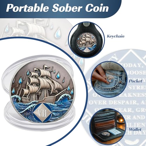Image of Braving The Storm 7 Year Sober Coin, Nautical NA Coin, Addiction Recovery Seven Year Sober Chip, Celebrating Recovery Anniversary Token, Narcotics Anonymous Sobriety Gifts for Men Women