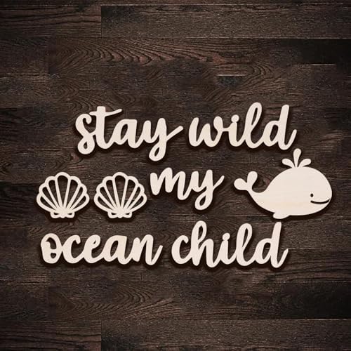 Q068 Wood Stay Wild My Ocean Child Decor, Black Artistic Room Decor for Child, Wooden Nursery Deco, Elegant Shells and shark Ocean Boho Wall Art for Boy and Girl Bedroom, Living Room image 5