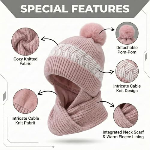 Image of Kraptick Women's Winter Cap and Scarf Set- Thick Fleece Lined Knitted Beanie Hat and Neck Warmer Muffler for Ladies, Stretchable & Soft Woolen Snow Proof for Extreme Cold -6