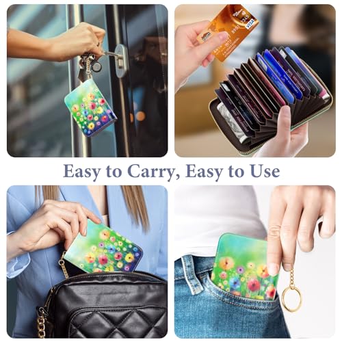Image of Credit Card Holder RFID Wallet for Women, Small Leather Card Organizer Case with Zipper and Keychain, Hydrangea