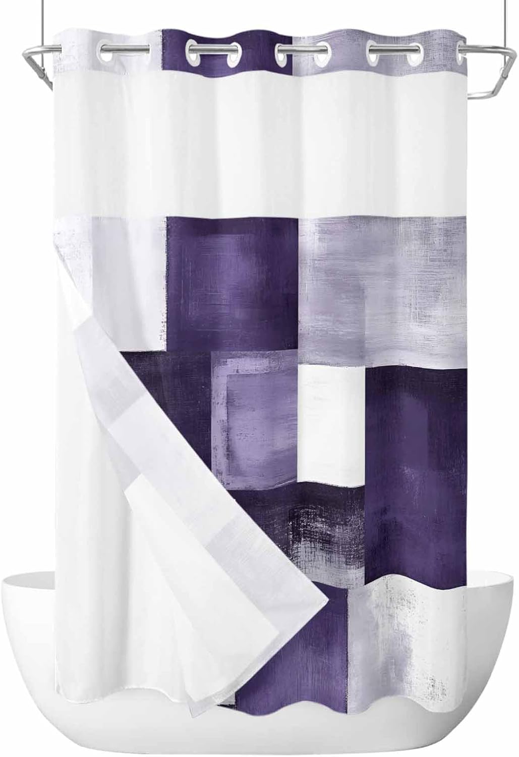 Purple Abstract Art No Hook Shower Curtain with Snap in Liner Rustic Shabby Color Block Plaid Shower Curtain for Bathroom, Fabric Waterproof Inner Liner, Hotel Style with Mesh Top Window, 54x78