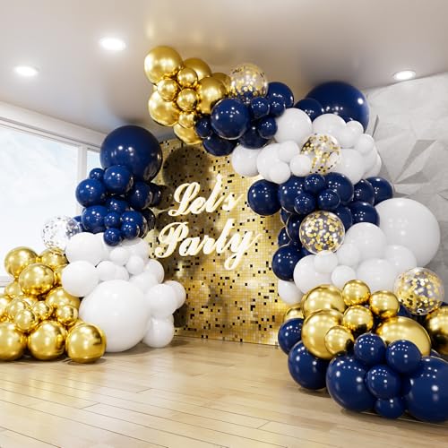 Navy Blue Gold Balloon Arch Kit Garland - 134Pcs Navy Balloon Arch Kit Glitter Blue White Metallic Gold Latex Balloons with Confetti Balloons for Birthday Baby Shower Graduation Party Decorations