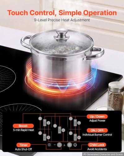 Image of VEVOR Electric Induction Cooktop 30In 5 Burners, Induction Cooktop, Built in Electric Stove Top,Touch & Independent Control, 9 Power Levels, Easy-Clean Ceramic Glass, Child Lock, 9200W, 220V No Plug