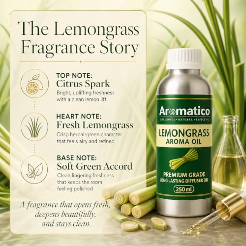 Image of AROMATICO Lemongrass Diffuser Oil for Strong, Long-Lasting Aroma | Light, Citrusy, Stress Relieving Aroma Oil for Home Fragrance & Aromatherapy. Versatile Use in Diffusers, Air Fresheners - 250 ml