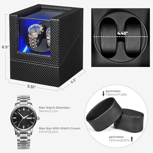 Image of BRAINLE Watch Winder for Automatic Watches, 2 Slot Double Watch Winder Box with LED Display, Quiet Motor, USB Powered, Carbon Fiber PU Leather - Black