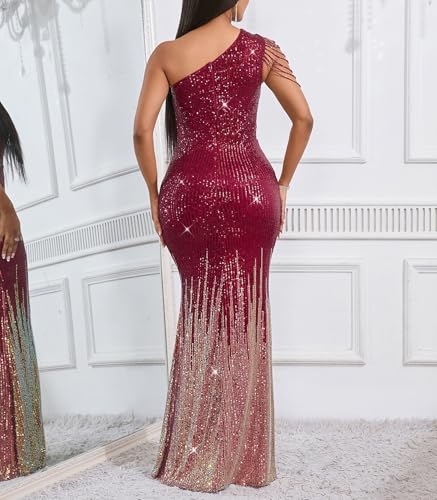 Image of Cololura Women Sequin Elegant Sexy One Shoulder Tassel Mermaid Bodycon Cocktail Evening Dress