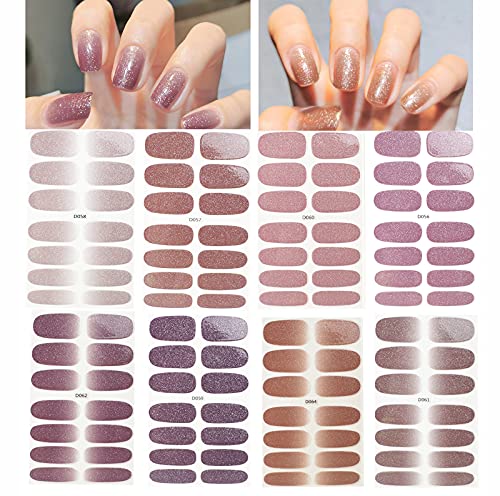 112 Pieces Nail Polish Sticker Full Wrap Nail Strip Supplies,8 Sheets Gradient Purple, Pink Shiny Self-Adhesive Gel Nail Art Design Decals with Nail File for Women Girls Manicure Decoration Tips