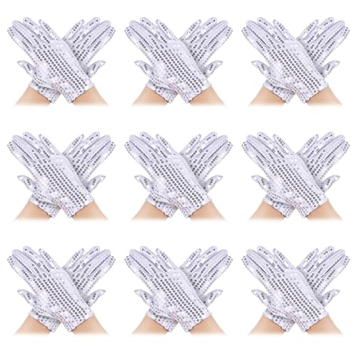 BOHUIZ 9 Pairs Silver Sequin Gloves, Sparkly Sequin Dance Mittens White Costume Short Glitter Glove for Halloween Costume Party Masquerade Cosplay Dress Accessory
